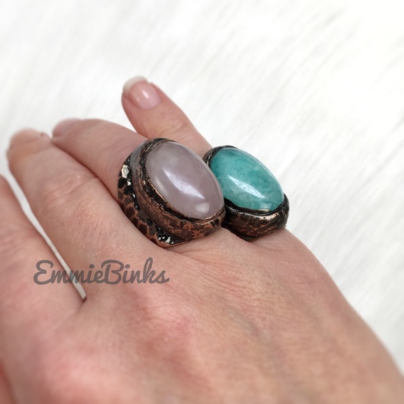 New Blue Quartz & Textured Copper Statement Chunky Cocktail Ring - Picture 10 of 16